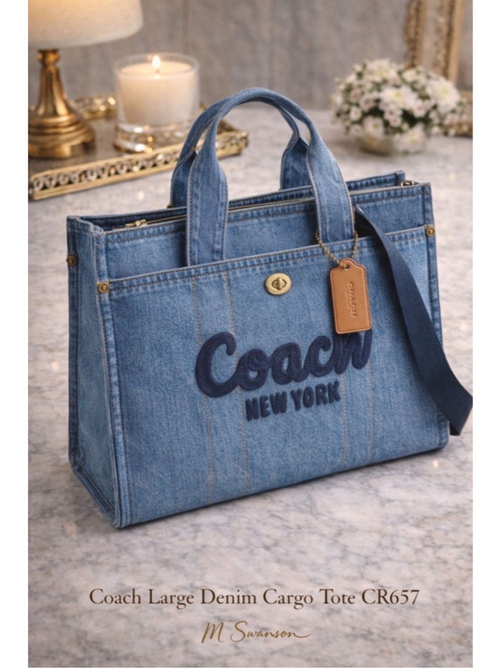 NEW Authentic Coach Medium Denim Cargo Tote in Indigo Blue CR657 NWT - Picture 1 of 8